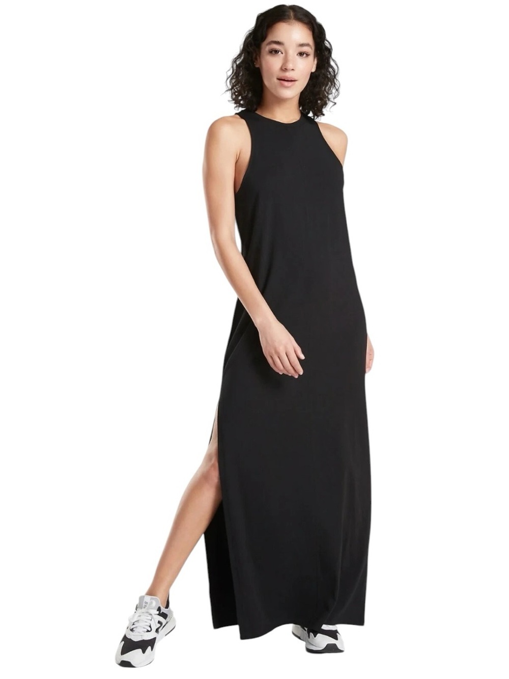 Athleta - NWT Destination Maxi Dress Black Sleeveless Side Slit Pima Modal Sz S